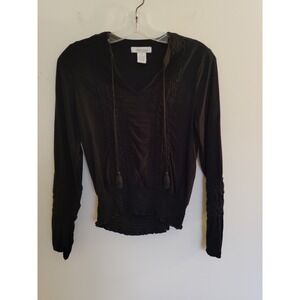 Abbeline Festival Peasant Top Shirt Smocked Black Tassels South Moon Under Sz XS